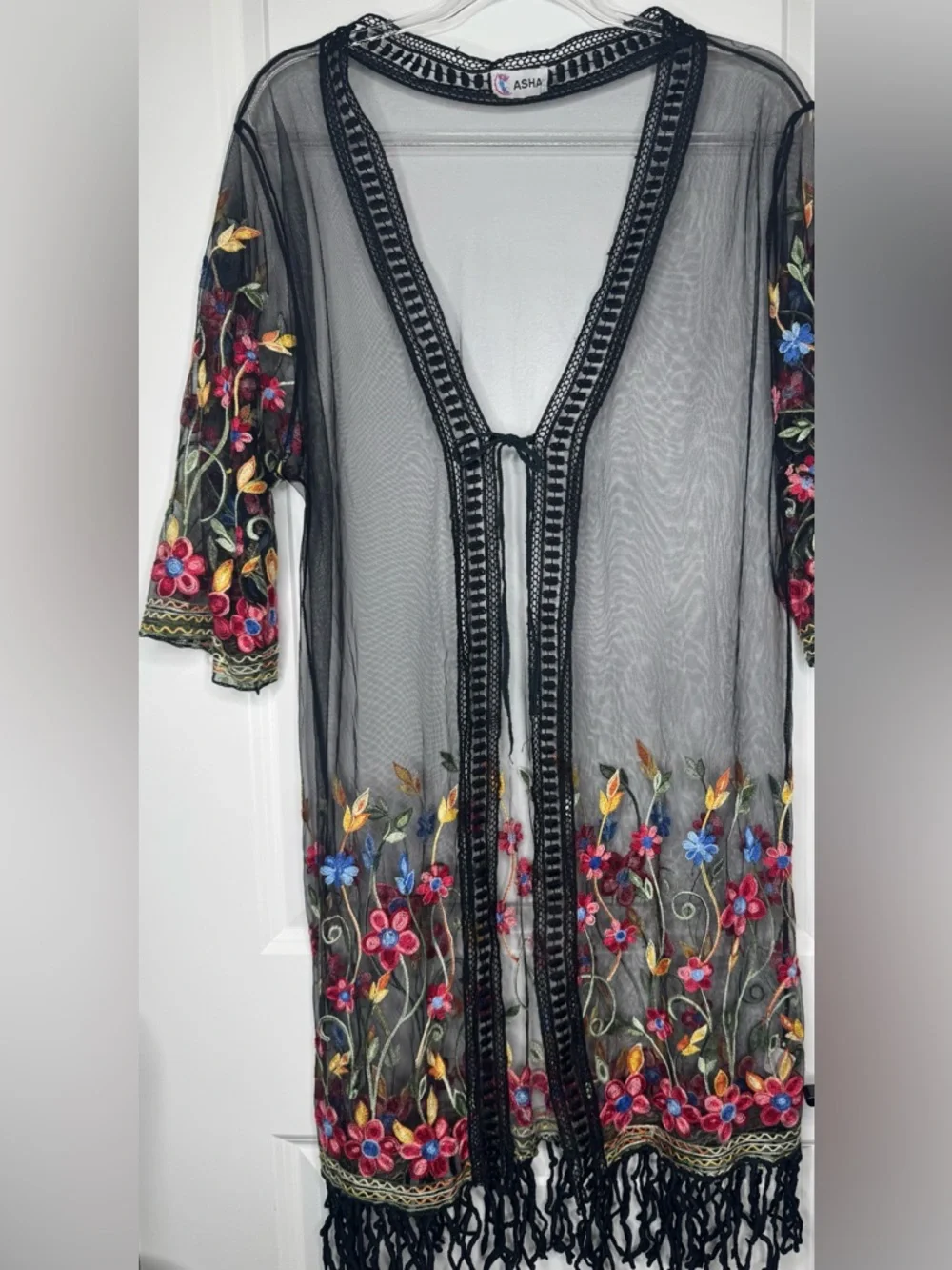 Asha Sheer floral Embroidered Kimono swim western fringe cover with tie accent - Picture 1 of 7